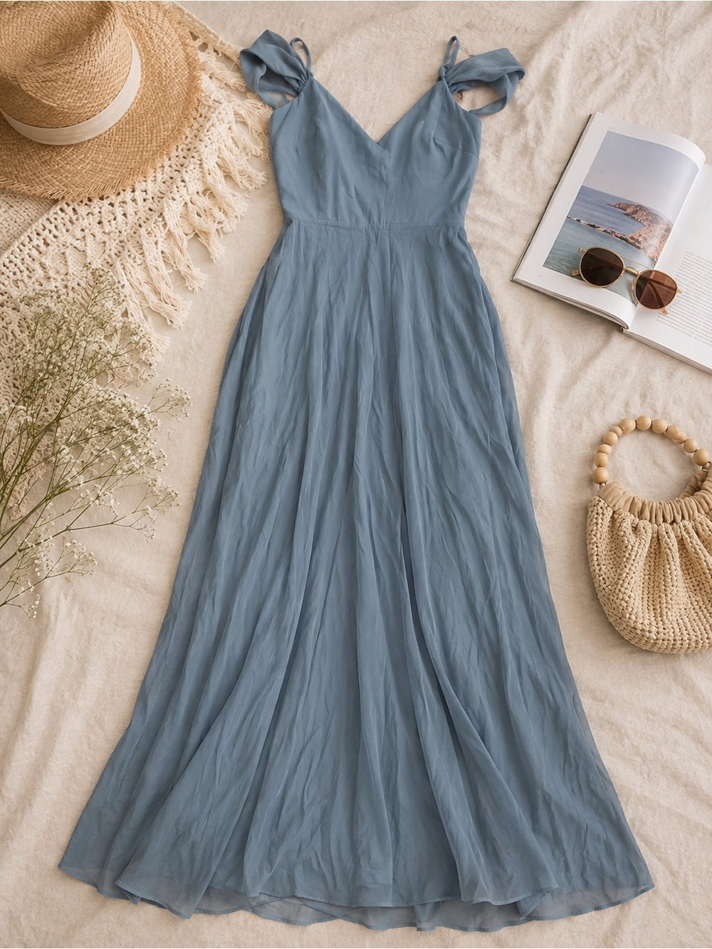 Birdy Grey Blue Tie-Shoulder V-Neck Maxi Dress